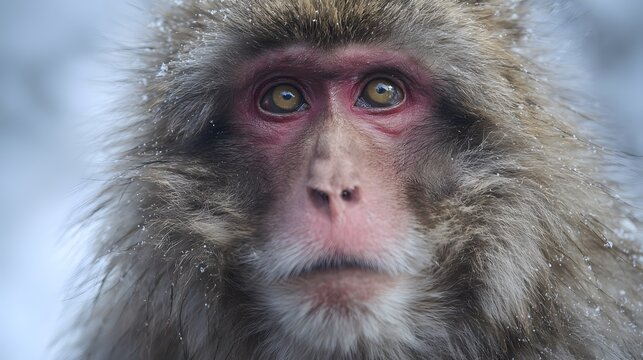 Intense Japanese Snow Monkey Portrait Captures Emotion Wildlife Photography Natural Beauty Serene Winter Scene