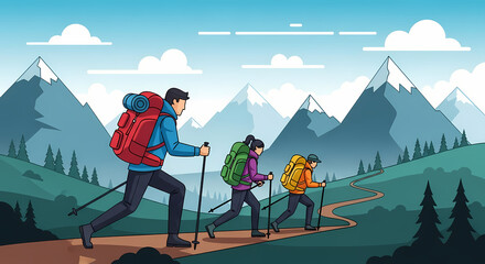 An illustration showing two hikers (a man and a woman) with backpacks and trekking poles walking along a winding trail through a valley, surrounded by tall, majestic snow-capped mountains