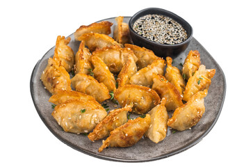 Golden brown fried gyoza dumplings sprinkled with sesame. Crispy Asian potstickers on dark ceramic plate over clean light surface.