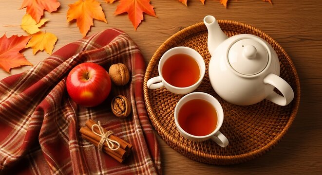 Cozy autumn tea time with apple and fall leaves - Powered by Adobe