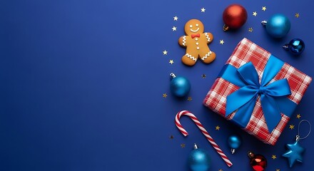 Christmas gift with ornaments and gingerbread man on blue background