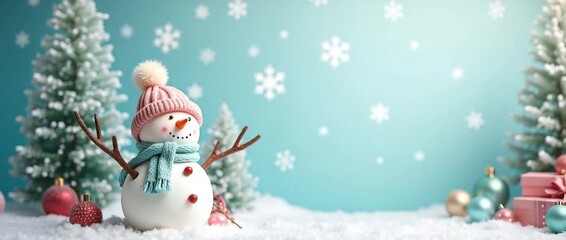 Whimsical snowman in winter wonderland with snowflakes gently falling, camera slowly panning across festive scene, pink and teal hues, cinematic holiday ambiance. - Powered by Adobe