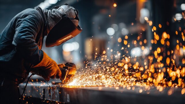 Welder working on metal sparks flying with protective gear indoors