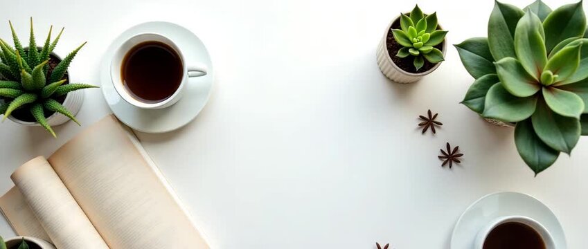 An artistic arrangement of coffee, books, and plants in a minimal flat lay format, providing ample copy space for inspirational quotes or branding messages.
