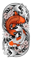 Japanese Koi Fish Tattoo Design with Waves and Cherry Blossoms &ndash; Traditional Colorful Koi Carp Illustration, Oriental Art, Yin Yang Harmony, Japanese Water and Sakura Tattoo Style