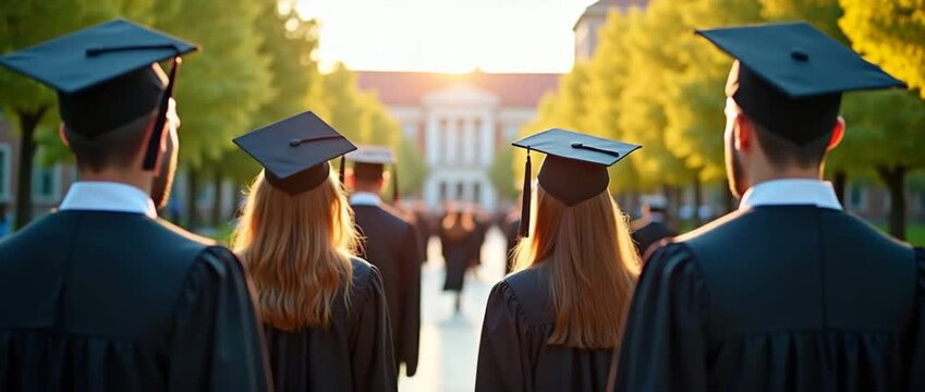 Graduates walk in slow motion as the camera gently pans, capturing the serene, cinematic glow of the setting sun filtering through trees, symbolizing new beginnings and educational achievement.