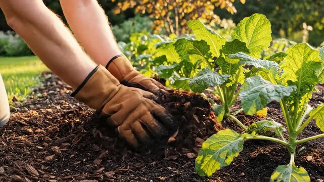 Hands in gardening gloves spreading dark mulch around leafy green plants in vibrant garden. Gardening technique involves rich mulch application for optimal plant growth and protection.