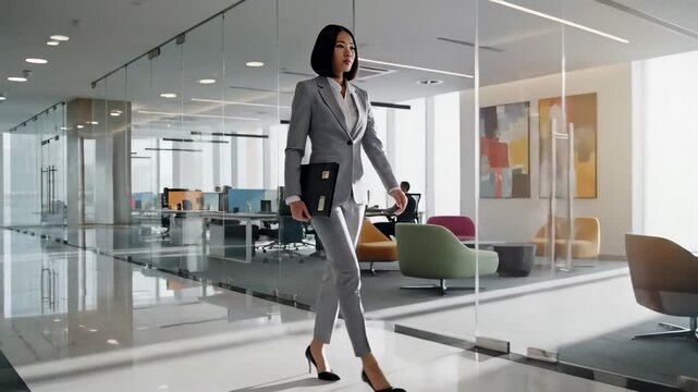 Confident businesswoman walking through modern office hallway with glass walls and vibrant seating areas. Professional Asian woman in stylish suit carries laptop while navigating corporate space.