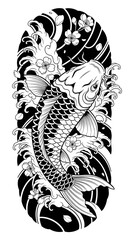Japanese Koi Fish Tattoo with Waves and Cherry Blossoms &ndash; Bold Blackwork Design