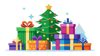 A festive christmas tree surrounded by colorful gift boxes