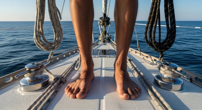 Barefoot balance on sailboat deck with ocean view - Powered by Adobe