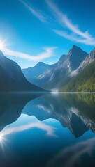 Serene blue mountain lake panoramic wallpaper