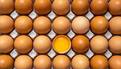 A carton of fresh brown eggs with one cracked open to reveal a vibrant yellow yolk, top-down view