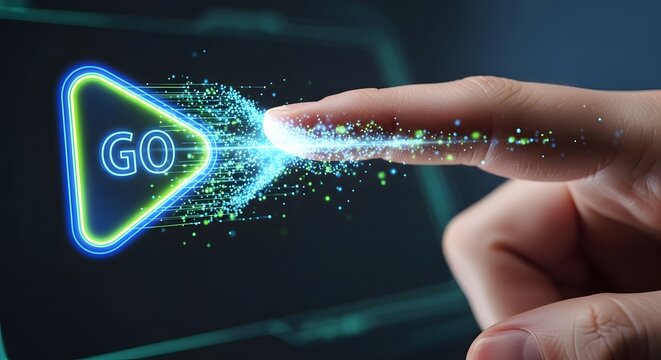Finger pressing a glowing play button with the word go on a dark background