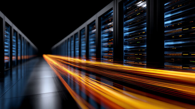 A futuristic data center hallway with rows of servers on both sides and vibrant orange light trails symbolizing fast data transmission and network speed