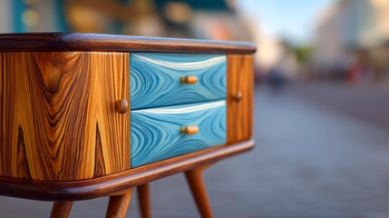 A wooden table with blue drawers sits on a sidewalk in front of a building