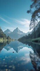 Misty blue mountain ridge reflected in emerald lake
