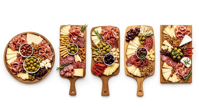 Gourmet charcuterie boards with assorted meats, cheeses, olives, and nuts, isolated on white background