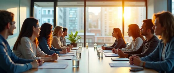 Business team meeting in a modern office with large windows, sun setting in background; participants engage in discussion, camera slowly pans across the room, capturing a cinematic, professional atmos - Powered by Adobe