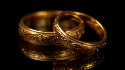 Two ornate gold wedding bands with intricate engravings rest on a dark reflective surface. gleaming - Powered by Adobe
