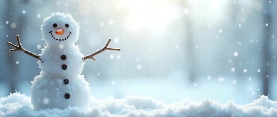 Whimsical snowman stands in a serene winter landscape as delicate snowflakes gently fall, with a slow camera pan capturing the serene beauty of the snowy scene in cinematic style. - Powered by Adobe