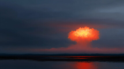 A dramatic explosion forms a bright, fiery mushroom cloud against a dark, ominous sky above a calm body of water at dusk or night