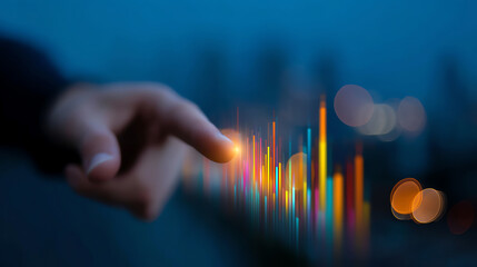 A hand interacts with a glowing bar graph hologram, symbolizing data analysis and futuristic technology in a blurred, dark blue background with vibrant light effects