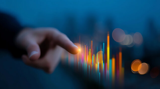 A hand interacts with a glowing bar graph hologram, symbolizing data analysis and futuristic technology in a blurred, dark blue background with vibrant light effects - Powered by Adobe