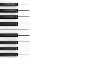 A precise close-up of classic black and white piano keys, pristine ivory-white and smooth matte black, vertically aligned on a transparent background with copy space, concept of musical fundamentals