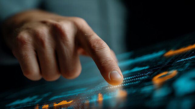 A hand interacts with a futuristic transparent touchscreen displaying digital graphs and data visualizations in a dark, high-tech environment