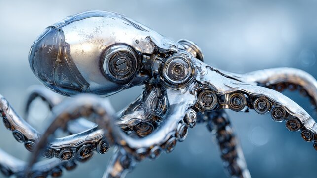 Mechanical Octopus Robot With Polished Metal Design in a Sci-Fi Environment With Luminous Reflections