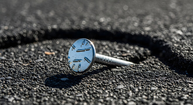 Nail hazard on the road, a potential danger for vehicles, A sharp nail lying on a cracked asphalt road, posing a threat to car tires