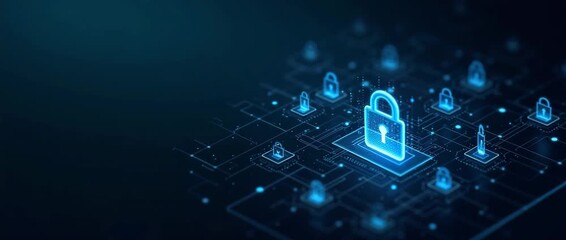 Digital security lock icon glows softly on a network grid, surrounded by subtle data flow; camera pans gently in a cinematic style, highlighting cybersecurity and technology themes. - Powered by Adobe