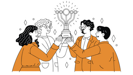 Scientists celebrating a futuristic achievement receiving a glowing neon hologram trophy symbolizing innovation and scientific discovery in a modern digital art style