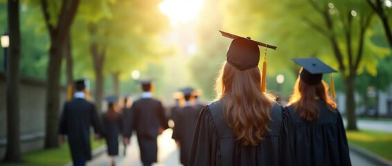 Graduates walk confidently toward the bright horizon in a cinematic scene, with the camera gently panning as sunlight filters through the trees, evoking a sense of achievement and new beginnings.