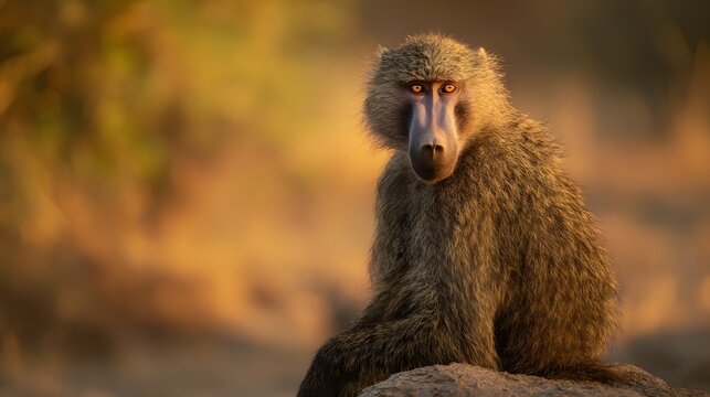 Intriguing baboon portrait captures a calm wildlife moment bathed in warm afternoon savanna light - Powered by Adobe