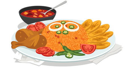 This colorful illustration depicts a mound of spicy Jollof rice garnished with peppers and onions, surrounded by fried chicken, golden plantains, and tomatoes, with a side bowl of chunky red soup.