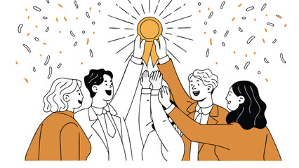 Diverse team of professionals collaborating and lifting a glowing golden trophy symbolizing success achievement and teamwork in a business or corporate setting