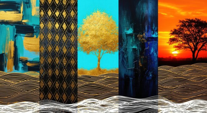 Vibrant vertical art panels depicting abstract landscapes and stylized trees with textured backgrounds