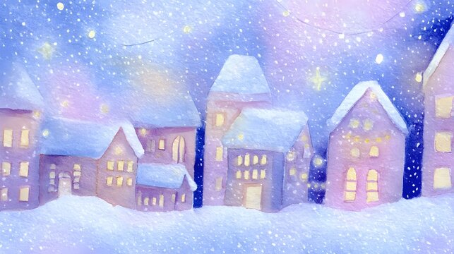 Charming winter town watercolor illustration evokes cozy festive cheer and gentle snowfall delight