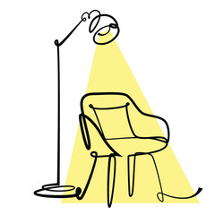 Standing Lamp and Chair one line drawing. Standing Lamp and Chair single line illustration. Standing Lamp and Chair minimalist line art. Standing Lamp and Chair vector art