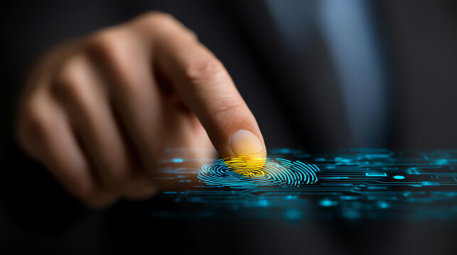 Close-up of a finger pressing a digital fingerprint scanner with glowing yellow and blue biometric patterns representing secure authentication technology
