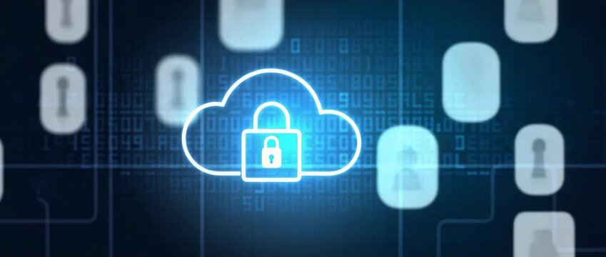Glowing digital cloud with lock icon gently pulsates as camera slowly pans across a dark blue, futuristic background, emphasizing cybersecurity and data protection in a cinematic style. - Powered by Adobe