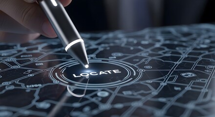 Fototapeta premium Futuristic navigation digital pen interacting with a glowing locate button on a map