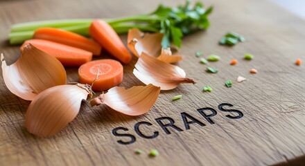 Vegetable scraps on cutting board with celery and carrots ready for composting