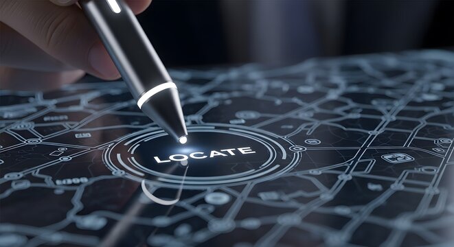 Futuristic navigation digital pen interacting with a glowing locate button on a map