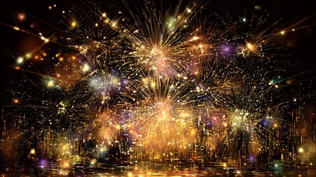 New Year 2026 fireworks illuminate a vibrant city skyline digital art celebration