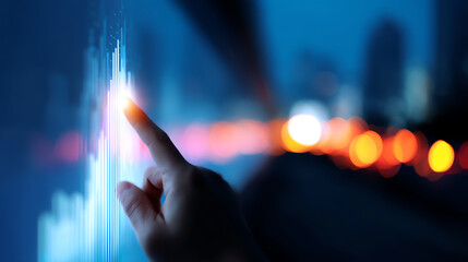 A hand interacts with a glowing digital interface, highlighting data bars with a futuristic blue and orange bokeh background suggesting advanced technology and innovation