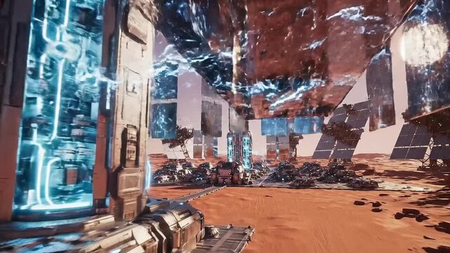 Digital Sci-Fi Landscape Exploring an Advanced Alien World with High-Tech Structures and Glowing Blue Energy on a Red Planet Surface