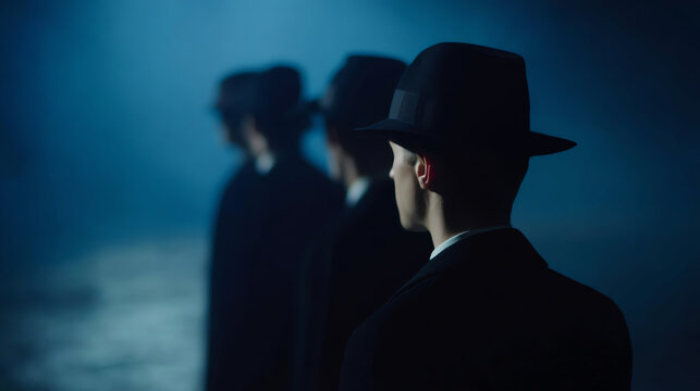 Three men in dark suits and hats stand in a dimly lit, foggy environment, with one man clearly visible in profile and the other two blurred in the background